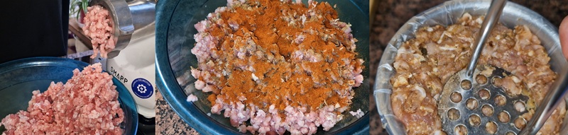 Mielenie, przyprawianie, napełnianie szynkowara.