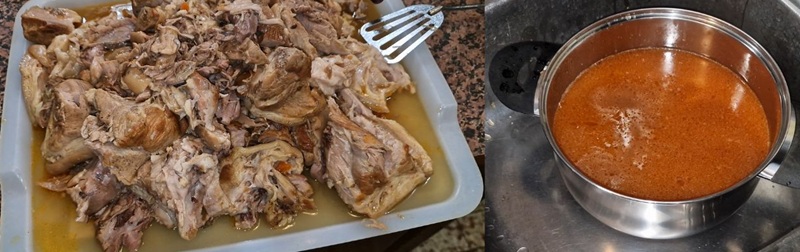 Rozdrobnione mięso i wywar.